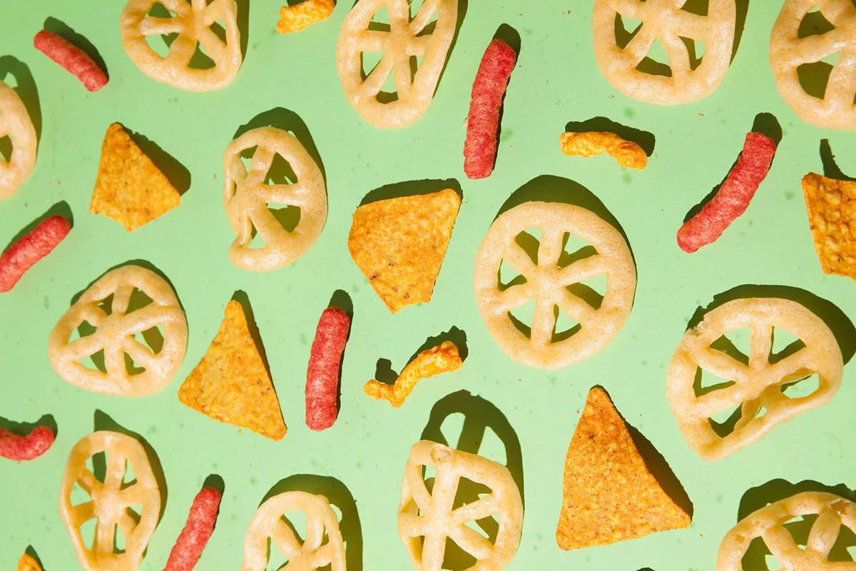 Chips scattered on a green background
